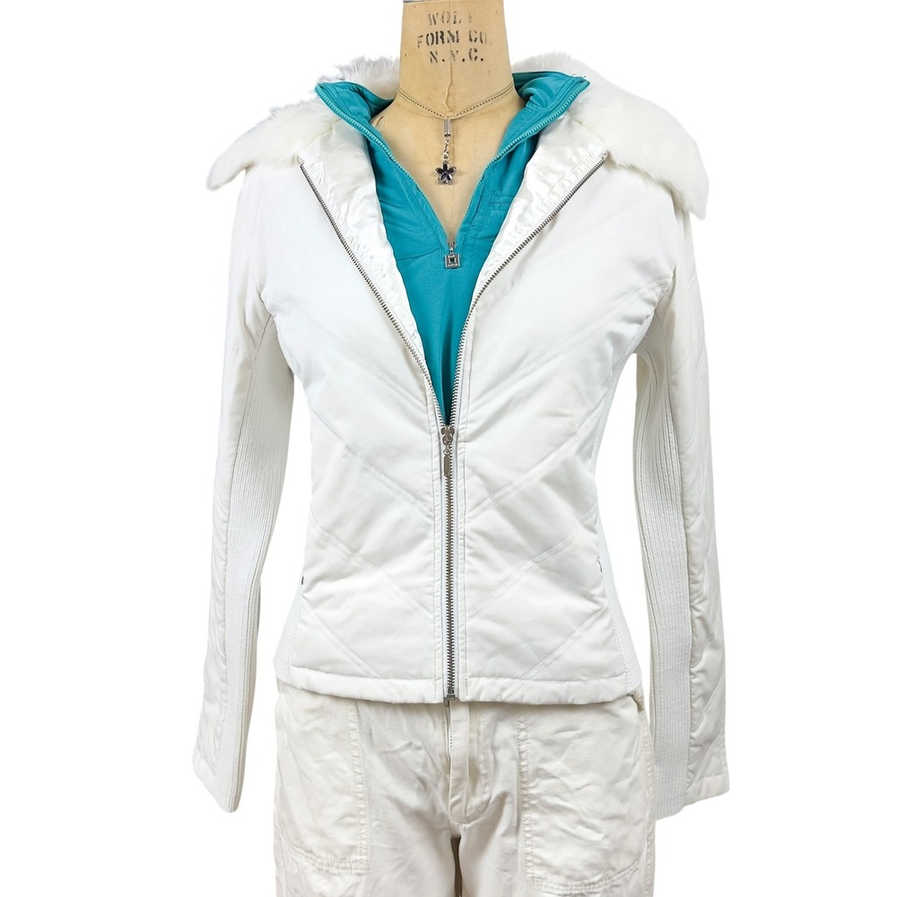 Y2K White Puffer Jacket Faux Fur Collar Down Ski Jacket Streetwear Winter M
